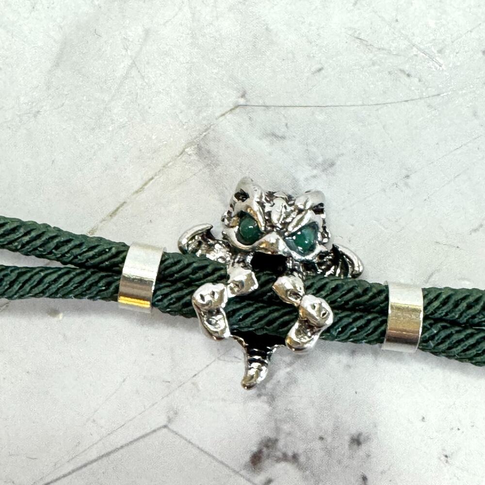 Dragon Bracelet Cute Grumpy Baby Fantasy Magic Sterling Silver Green Cord & Eyes